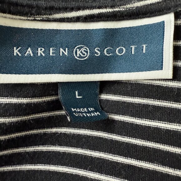 Karen Scott Womens Black White Striped Top Sz Large 3D Red Rose Applique Detail - Picture 4 of 9